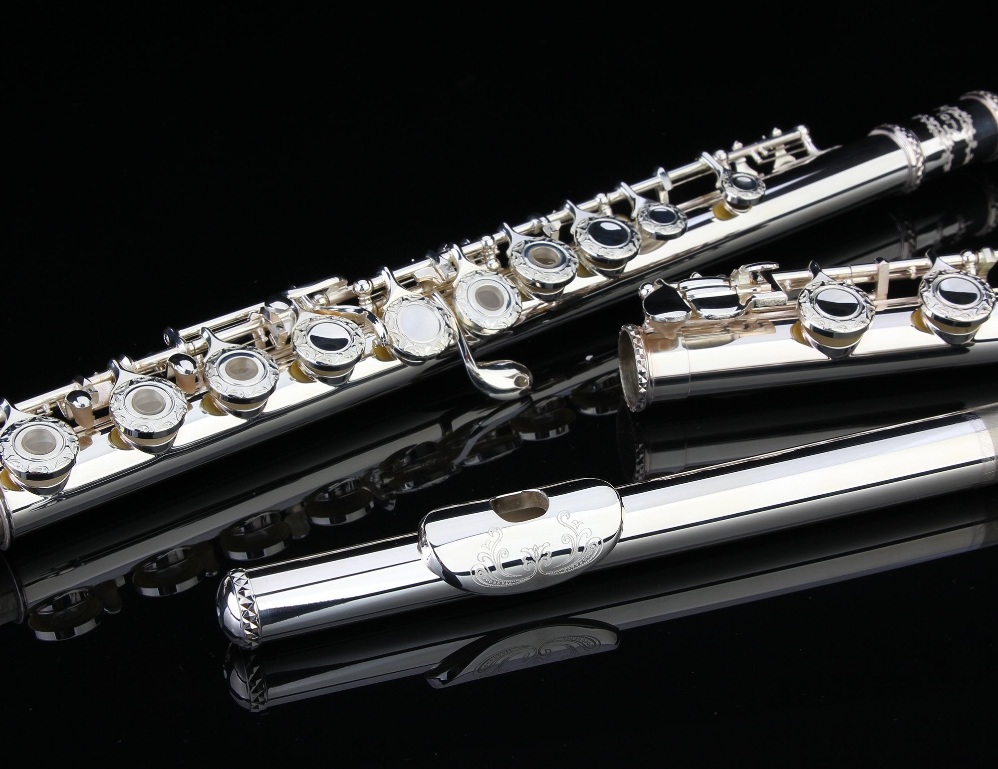 Glory HAND-ENGRAVED SILVER PLATED HIGH GRADE FLUTE 17 Hole OPEN/CLOSED C Flute With Case, Tuning Rod and Cloth and Gloves,HIGH G
